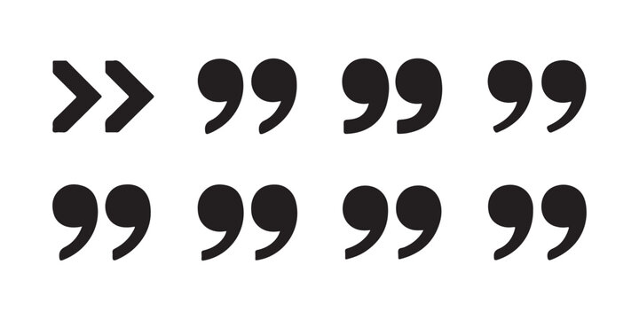 Collection of double quotation mark symbols with various bold and geometric styles for editorial text design.