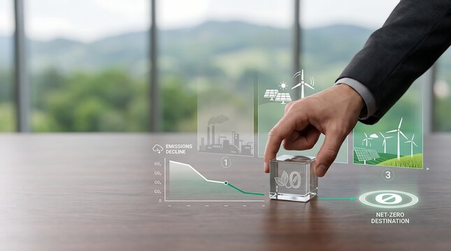 Business professional interacting with a digital net zero emissions chart on a glass cube in an office