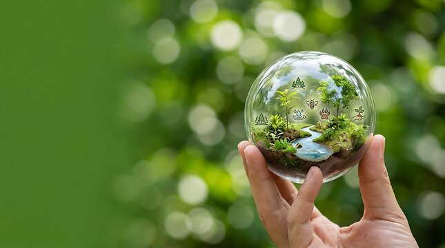 Person holding a glass sphere containing a miniature ecosystem with environmental icons and copy space