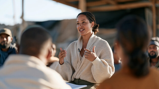Ethiopian entrepreneur presenting a tokenized microfinance lending model to a group of small business owners in an open air community center, financial inclusion blockchain