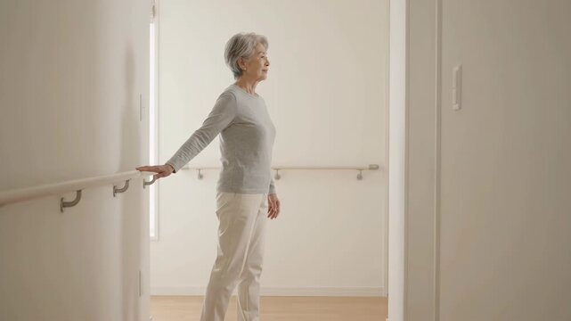 Senior woman walking slowly down a bright hallway using a handrail for support. Elderly mobility and independent living at home