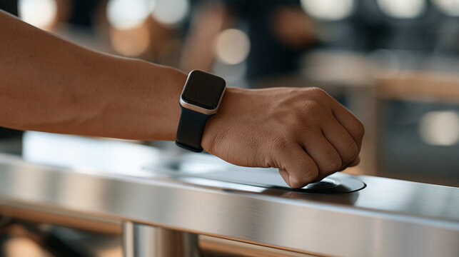 Close up of a stainless steel NFC reader embedded in a gym turnstile, membership wristband approaching the sensor, fitness center access control concept, motion blur background