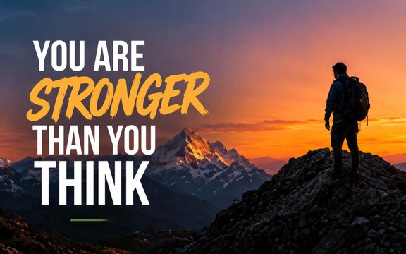 Empowering quote about inner strength, confidence, and overcoming challenges with a mountain adventure background.
