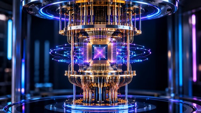 Advanced quantum computer processor core glowing with blue and purple light in a high tech laboratory environment with dark background