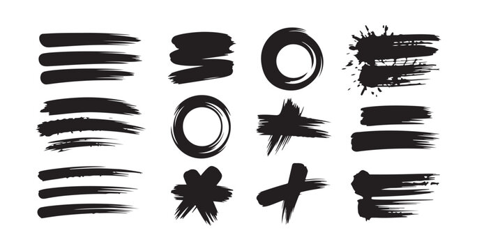 Expressive black ink brush strokes and splatters set for creative texture and artistic graphic design projects.