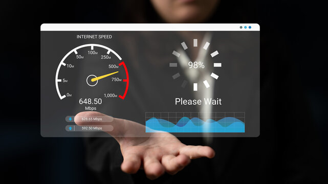 Visual representation of an internet speed test with a loading indicator, showcasing real-time results in a modern digital interface for technology enthusiasts. Ledger