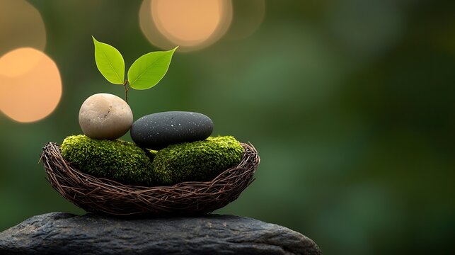 Small green sprout growing among rocks in a mossy nest.