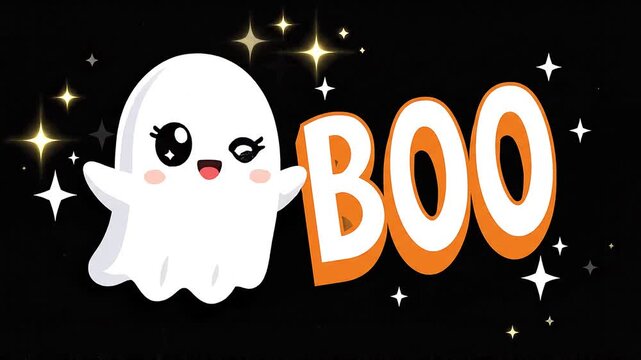 Large black Boo lettering with dripping edges, white ghost faces embedded inside the rounded letters and a tiny floating spirit, creating a playful spooky Halloween graphic.
