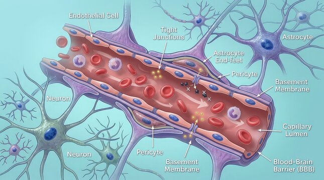 Detailed visualization of a blood-brain barrier, tightly connected endothelial cells forming a microscopic vessel wall while red blood cells circulate inside, 