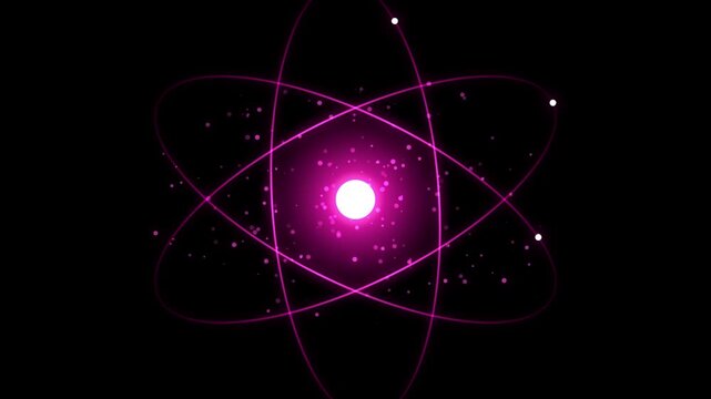 Abstract glowing pink atom model with orbiting electrons on a black background