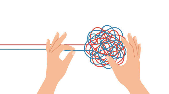 Hands Untangling Red and Blue Yarn Ball