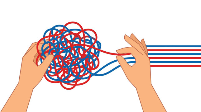 Hands untangling red and blue string