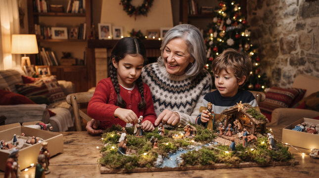 Una Abuela y sus dos nietos montan un bel&eacute;n navide&ntilde;o tradicional en casa, sobre una mesa de madera, en una sala de estar decorada con un &aacute;rbol y una iluminaci&oacute;n c&aacute;lida.