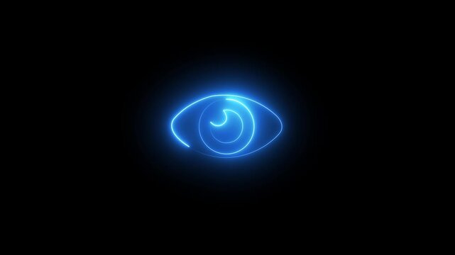 neon eye icon for vision, cyber security surveillance, view option, optical observation