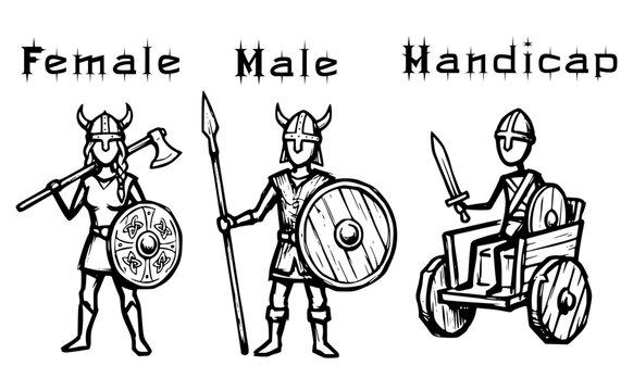 Vintage viking european scandinavian warrior military soldier male female handicap toilet sign signage lavatory water closet monochrome symbol icon white background