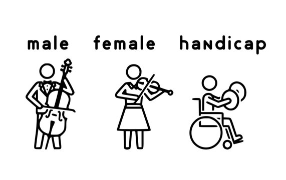 orchestra cello violin cymbals male female handicap toilet sign signage lavatory water closet monochrome symbol icon white background well-dressed
