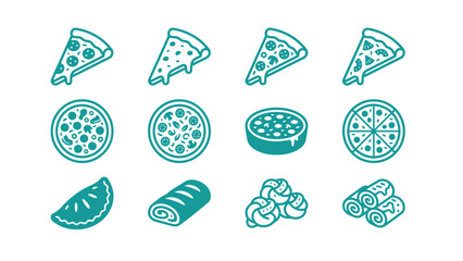 Obraz premium Set of twelve teal monochromatic pizza and bakery icons featuring various pizza slices, whole pies, deep dish pizza, calzones, garlic knots, and bread rolls on a white background.