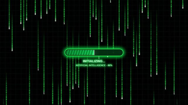 Matrix style digital binary code rain with glowing loading bar and artificial intelligence initializing text