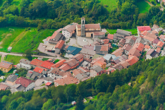 Aerial view of the mountain hamlet of Villa, in the municipality of Lozio, in the Province of Brescia. Valle Camonica, Lombardy, Italy