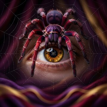 Arachnophobia Concept: Hairy Tarantula Spider Crawling Over Human Eye with Spiderweb Reflection