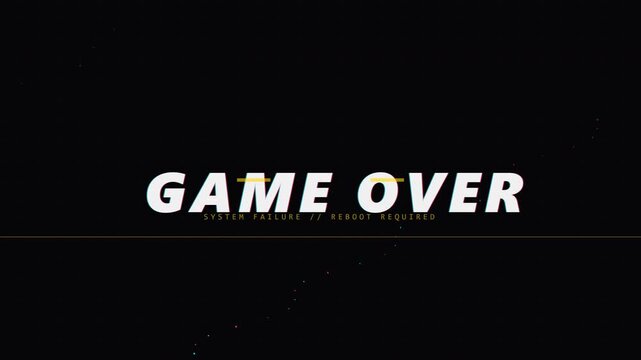 Retro Digital Game Over Screen with Glitch Effect and System Failure Message on Black Background