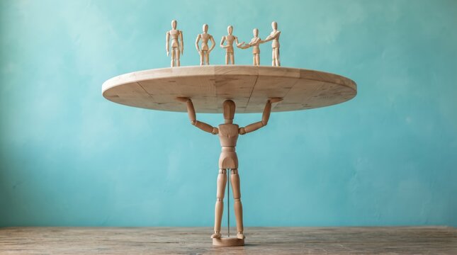 Wooden figure carrying flying saucer with people on top