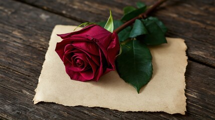 Obraz premium Deep red rose with green leaves resting on aged parchment paper atop dark wooden surface