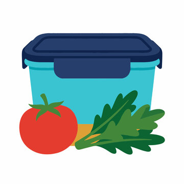 Home food storage concept. Flat design vector illustration of a plastic container with fresh tomato and leafy greens. Isolated on white background