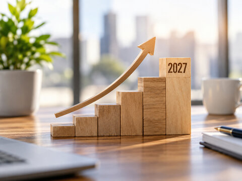 Wooden growth bars and rising arrow on a sunlit office desk with 2027 on the highest block, representing business expansion, annual targets, strategy, performance and future success.