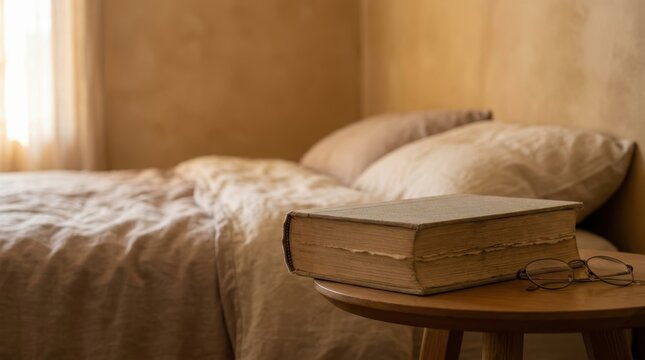 A thick hardcover book rests on a wooden side table next to a bed. Modern spectacles lie beside the aged pages of the volume. Quiet morning reading and relaxed leisure time in a cozy bedroom