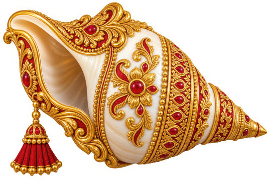 Ornate golden conch shell decorated with intricate filigree patterns and vibrant red gemstones, featuring a traditional hanging tassel, isolated on transparent background