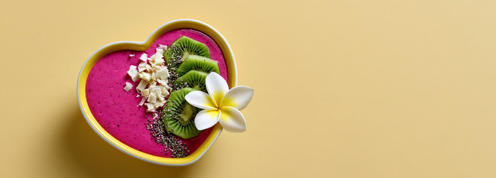 World vegan day vibrant pink pitaya smoothie in a heart-shaped bowl topped with fresh kiwi slices, chia seeds and coconut flakes on yellow background