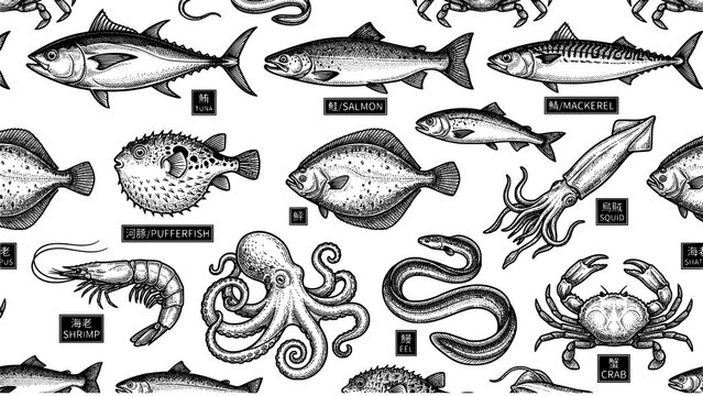 Seamless pattern with hand drawn sea food fish and shellfish in vintage engraving style