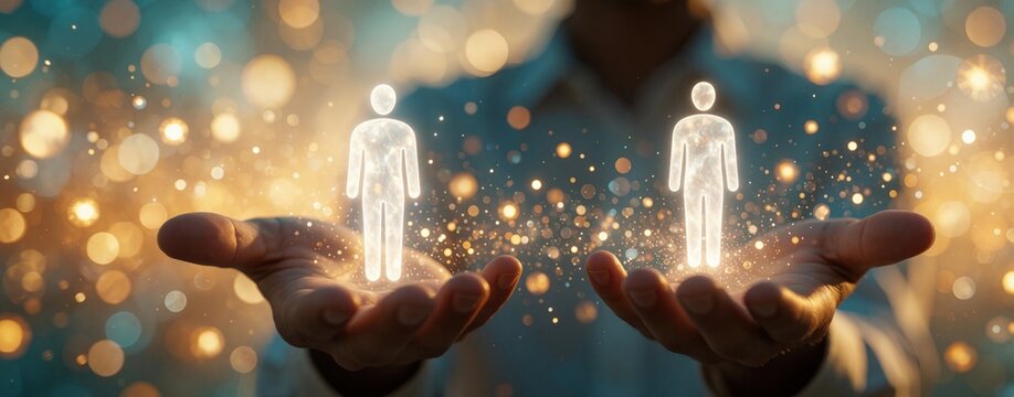 Human resources manager holds glowing digital icons of people in hands. Virtual HR onboarding concept with luminous human silhouettes. Business recruitment, talent management process using futuristic