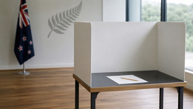 An empty voting booth stands beside a ballot and pencil in a New Zealand polling room. A silver fern emblem appears behind the booth. New Zealand general election and democratic voting.