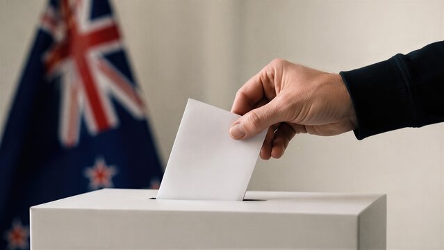 A voter inserts a blank ballot into a ballot box. A New Zealand flag stands blurred behind the voting hand. New Zealand elections and democratic participation at a polling place.