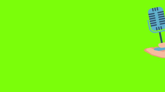 Retro style microphone. Male hand holding a microphone. Young man singing song holding microphone in hand isolated on green background. Broadcasting. 2d flat animation. Alpha channel. Video