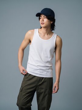 Men's Blank White Tank Top and Navy Cap Apparel Mockup