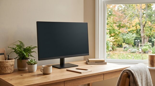Minimal computer monitor setup on modern desk workspace