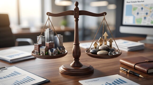 Real estate investment concept with balance scale and property models