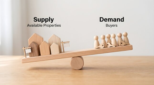 Wooden seesaw with miniature houses and people representing housing market balance
