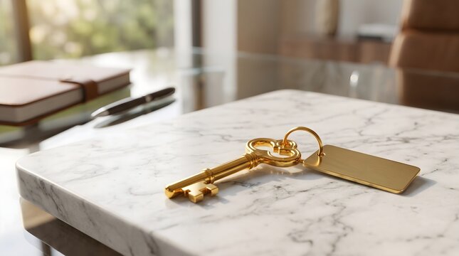 Golden key on marble surface representing access and property ownership concept