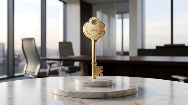 Golden key standing on marble platform representing success and opportunity