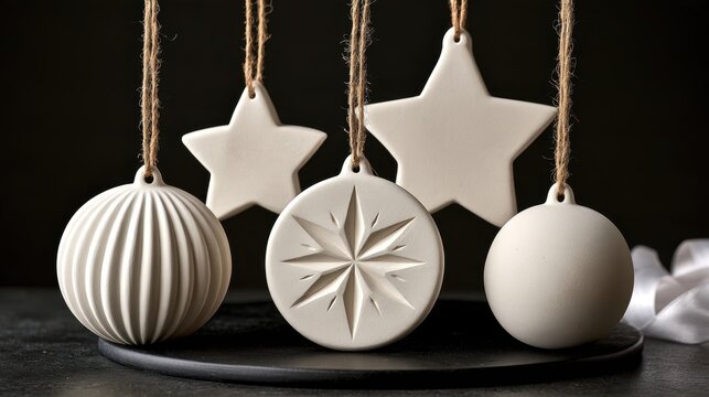 Hanging ceramic stars and balls displayed on black tray