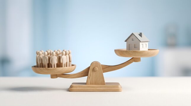 Wooden balance scale with housing model and people representing sustainable development