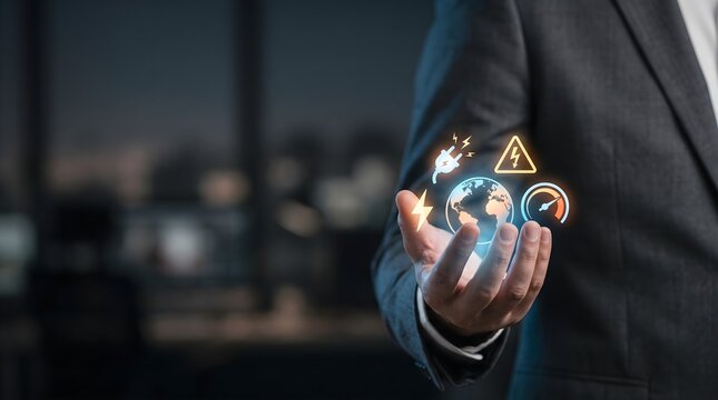 Hand holding renewable energy icons with digital environmental technology concept