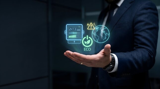 Businessperson presenting digital energy and sustainability concept in modern office