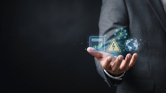 Business executive holding energy hologram concept with digital icons and technology innovation interface