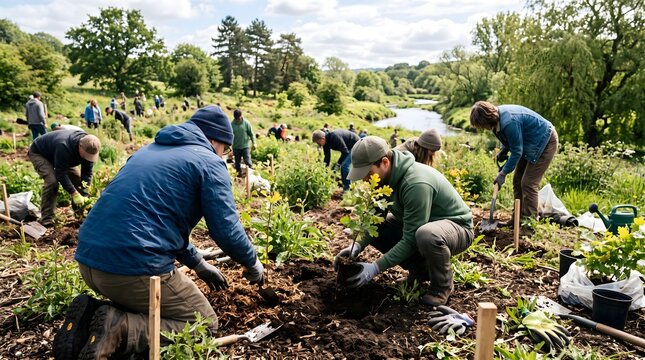 Group of gardeners planting trees together in outdoor natural area