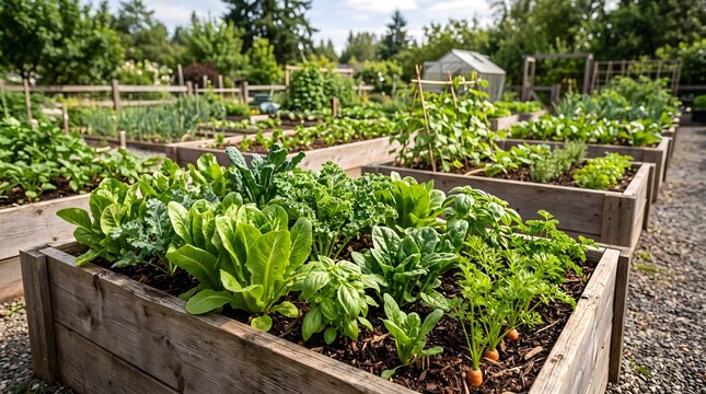 Fresh vegetables growing in raised garden beds outdoors